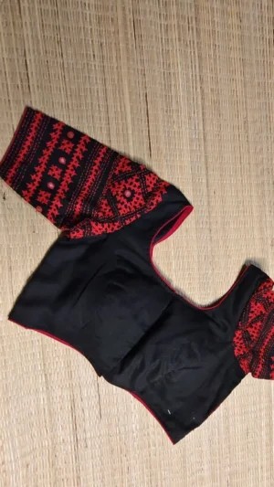 Divine Noir Silk Blouse with Bold Red Gujarati Kutch Embroidery