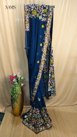 Navy Blue Georgette Floral Saree - Elegant Stunning Handloom