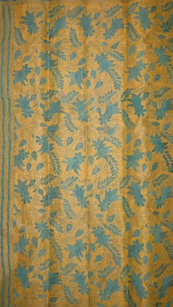 Slate color with yellow stitch work on Tussar silk saree