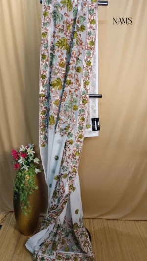 Exquisite White Georgette Floral Saree with Green Border