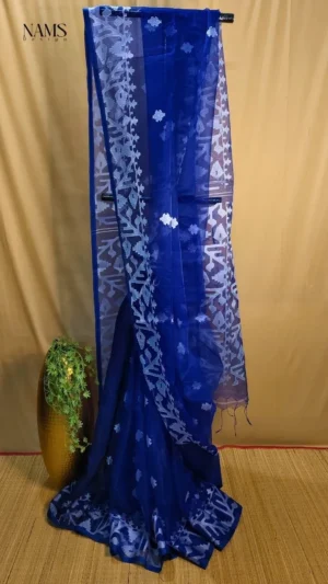 Dark Blue Mulberry Silk Jamdani Saree – Exquisite & Luxurious Handwoven Elegance