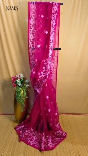 Hot Pink Mulbari Silk Jamdani Saree: Exquisite Handwoven Beauty