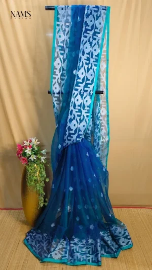 Turquoise Blue Mulberry Silk Jamdani Saree – Exquisite Handcrafted Elegance for Stunning Occasions