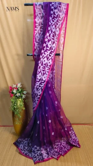 Purple Mulburi Silk Jamdani Saree – Exquisite Handloom Elegance