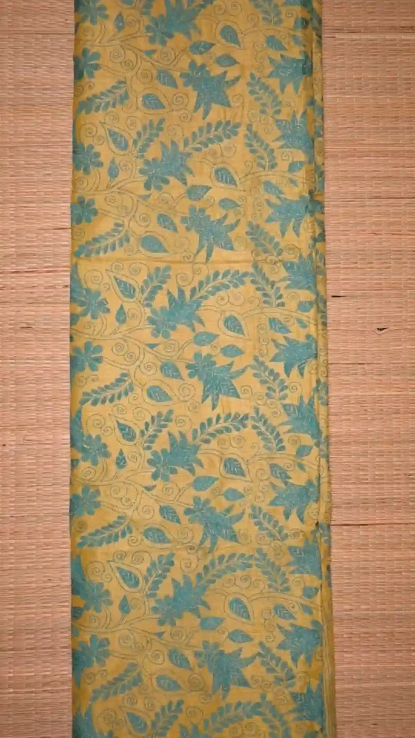 Slate color with yellow stitch work on Tussar silk saree