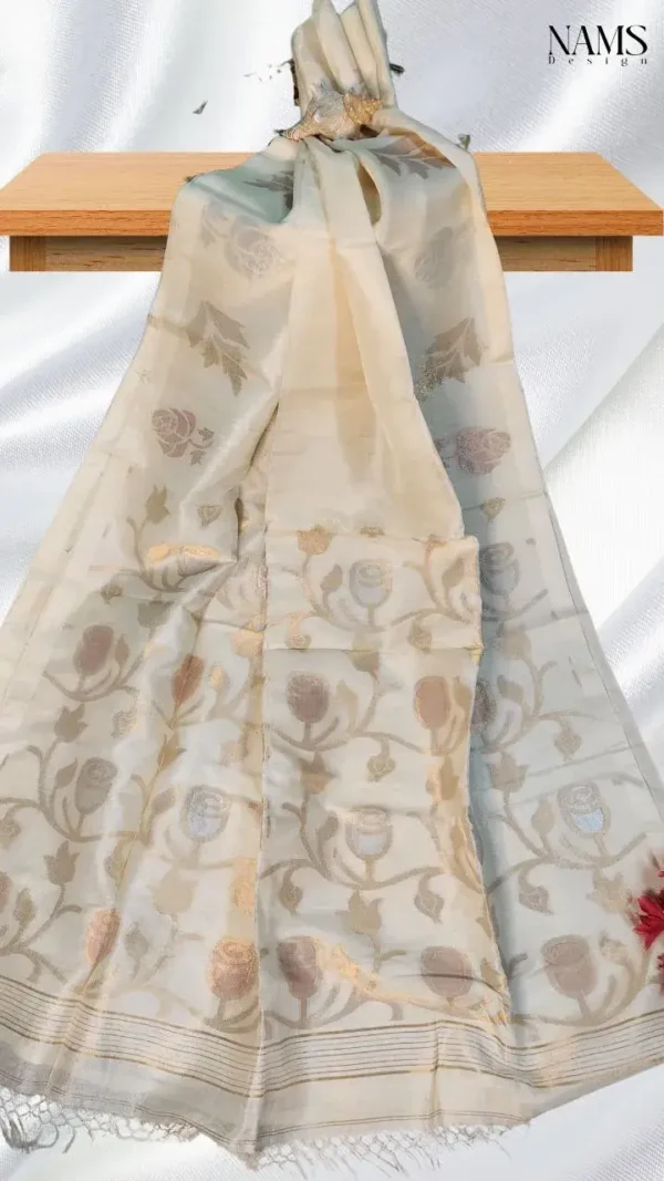 Off White Tussar Floral Zari Saree