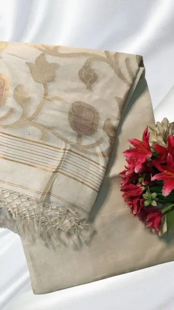 Off White Tussar Floral Zari Saree