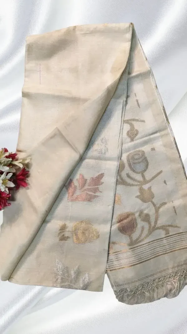 Off White Tussar Floral Zari Saree