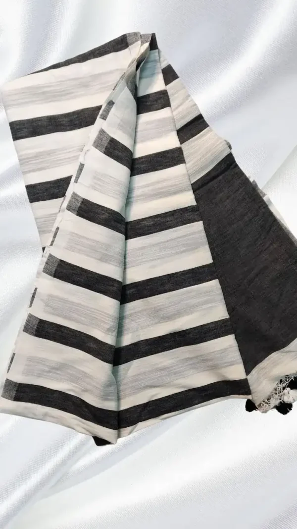 White Black Stripe Linen Saree