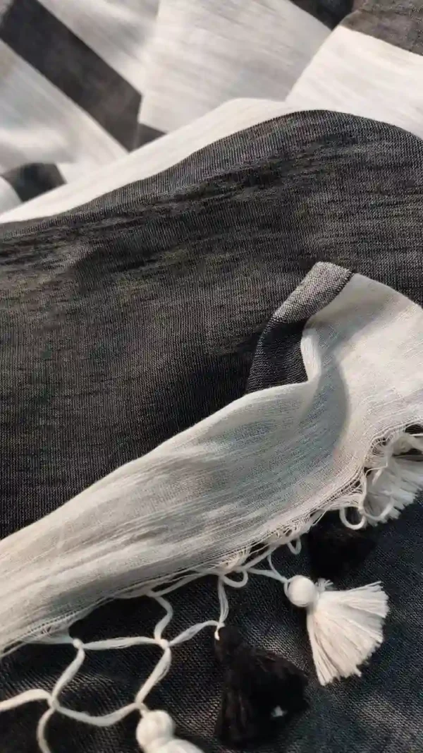 White Black Stripe Linen Saree