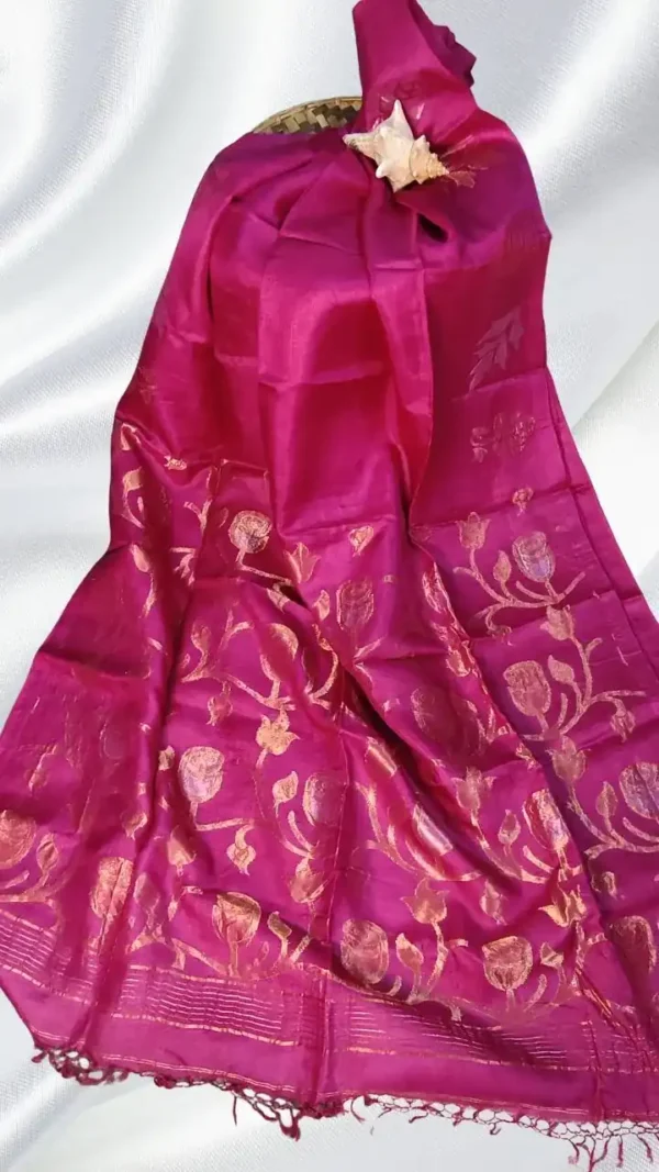 Hot Pink Tussar Floral Zari Saree