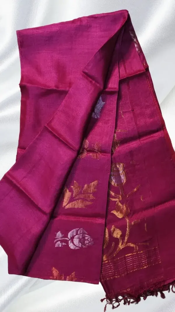 Hot Pink Tussar Floral Zari Saree
