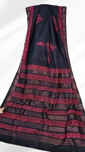 Black Katan Silk Block Print Saree