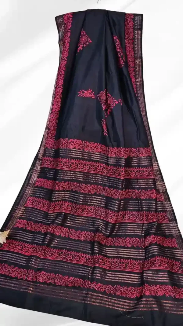 Black Katan Silk Block Print Saree