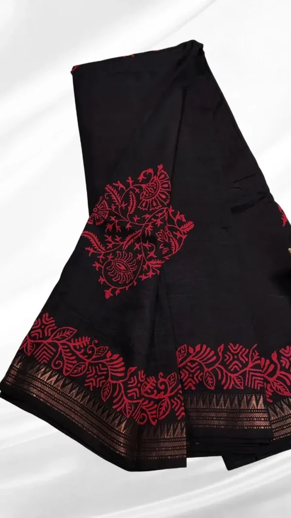 Black Katan Silk Block Print Saree