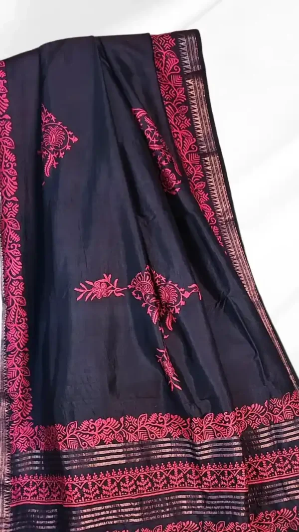 Black Katan Silk Block Print Saree