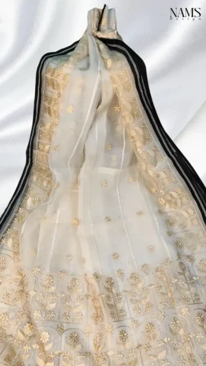 White Resom Peach Embroidery Saree