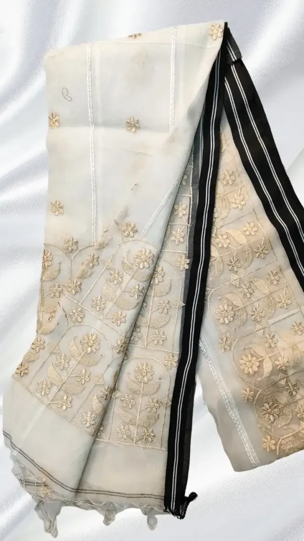 White Resom Peach Embroidery Saree