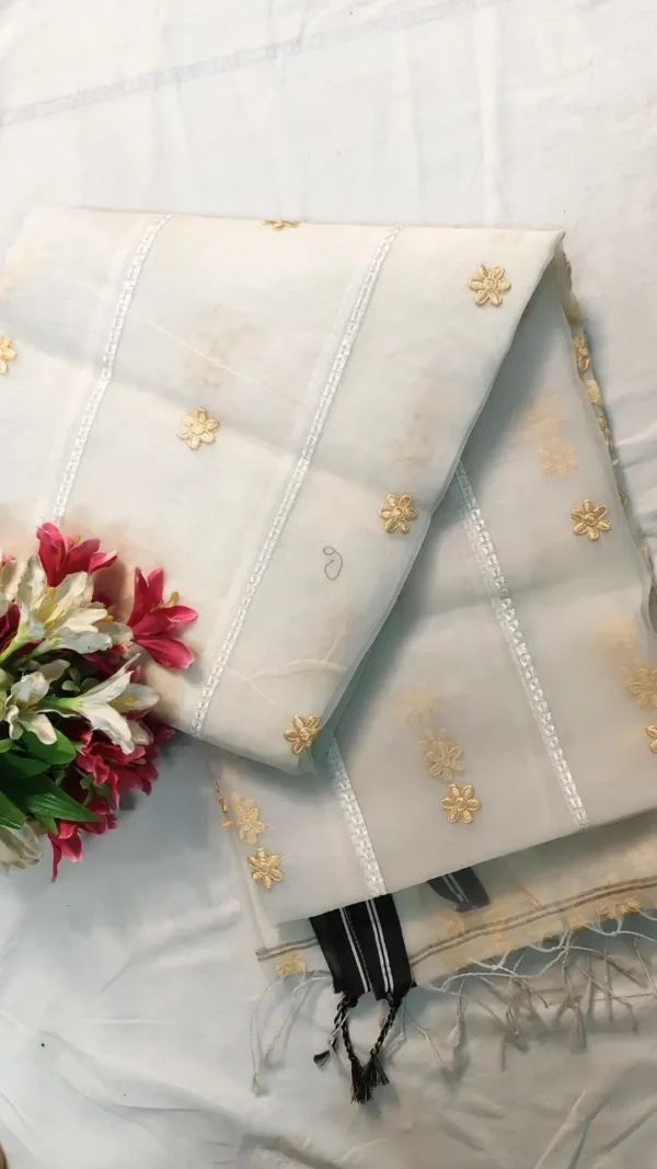 White Resom Peach Embroidery Saree