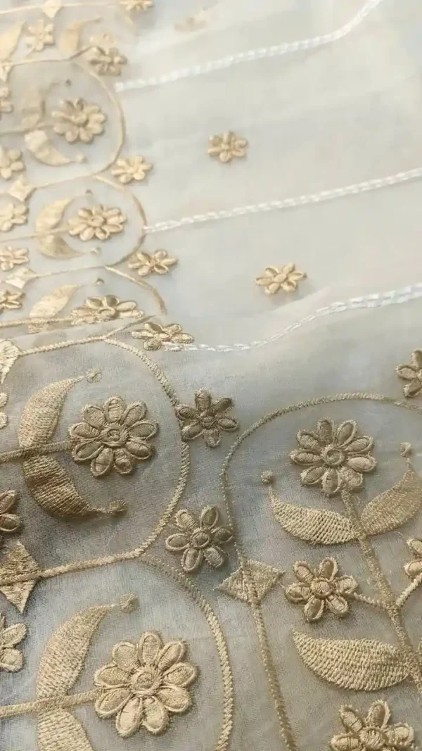White Resom Peach Embroidery Saree
