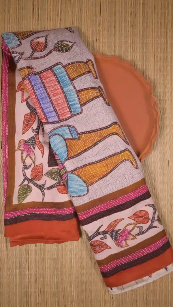 Off white color with floral stripe stitch work Pure Bangalore silk saree