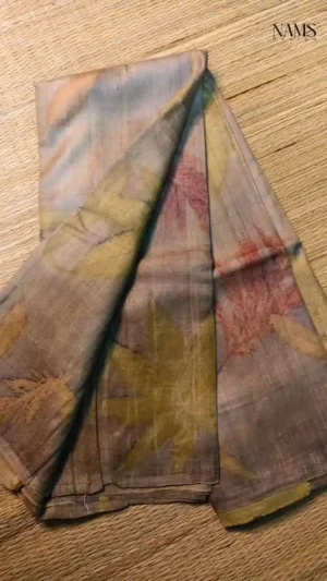 Exquisite Slate Grey Tussar Eco Printed Saree | Elegant Handloom
