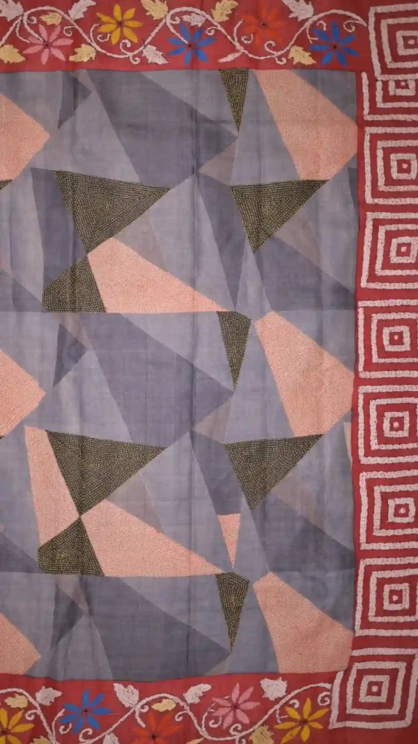 Grey Tussar Kantha Saree