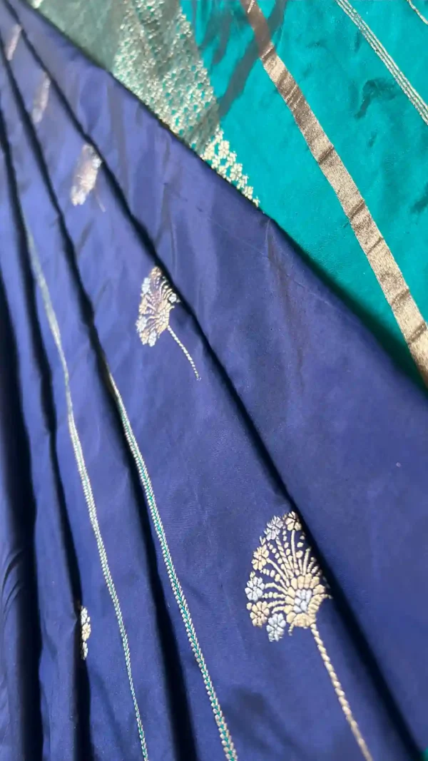 Navy blue color with green border Katan silk saree