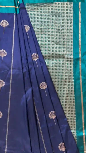 Navy blue color with green border Katan silk saree