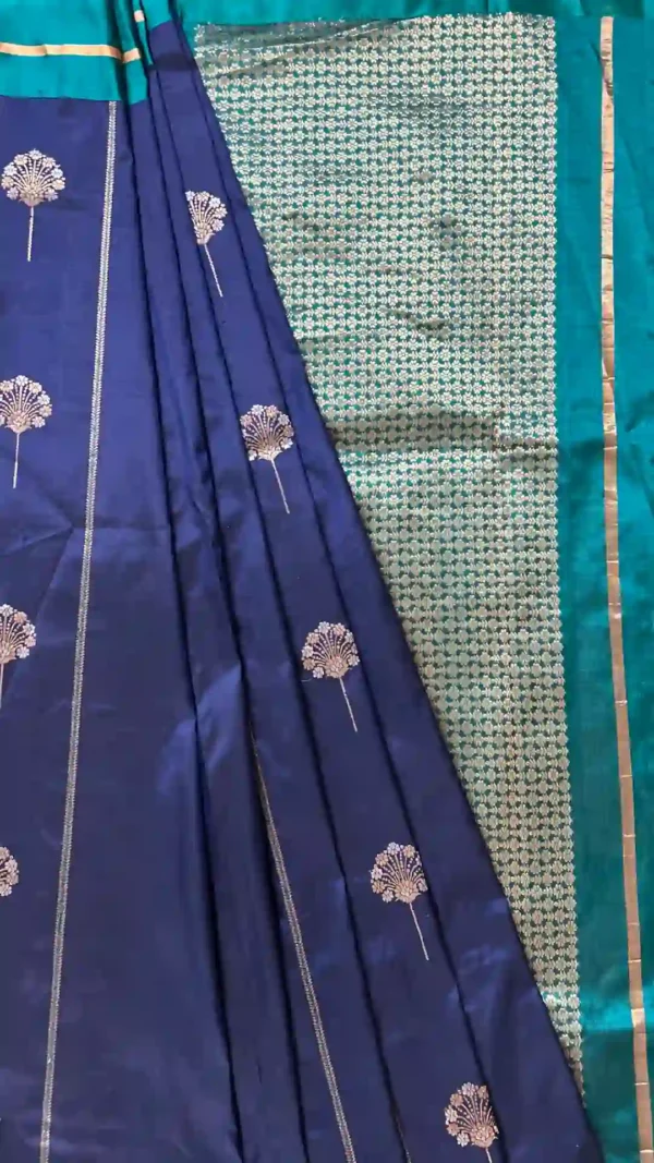Navy blue color with green border Katan silk saree