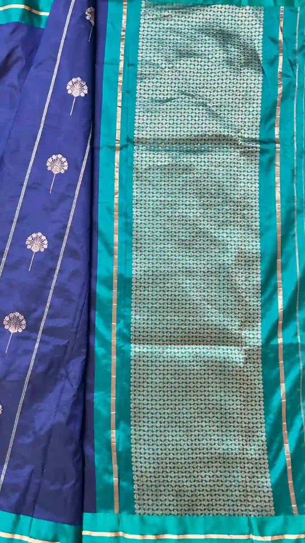 Navy blue color with green border Katan silk saree