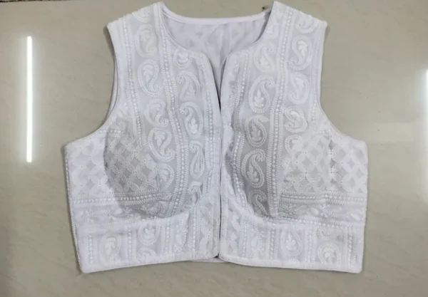 White chikankari on Georgette sleeve less Saree blouse - 28