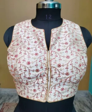 Off White Embroidary on Art Silk sleeve less Saree blouse -32