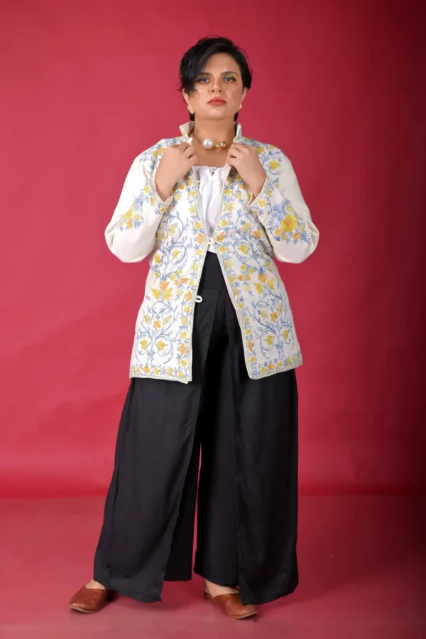 Ivory Elegance Short Silk Jacket with Floral Embroidery