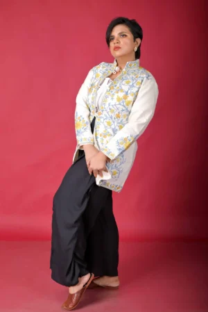 Ivory Elegance Short Silk Jacket with Floral Embroidery