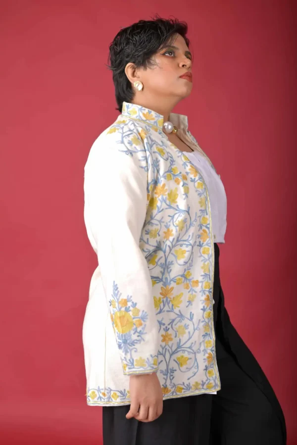 Ivory Elegance Short Silk Jacket with Floral Embroidery