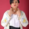 Ivory Elegance Short Silk Jacket with Floral Embroidery