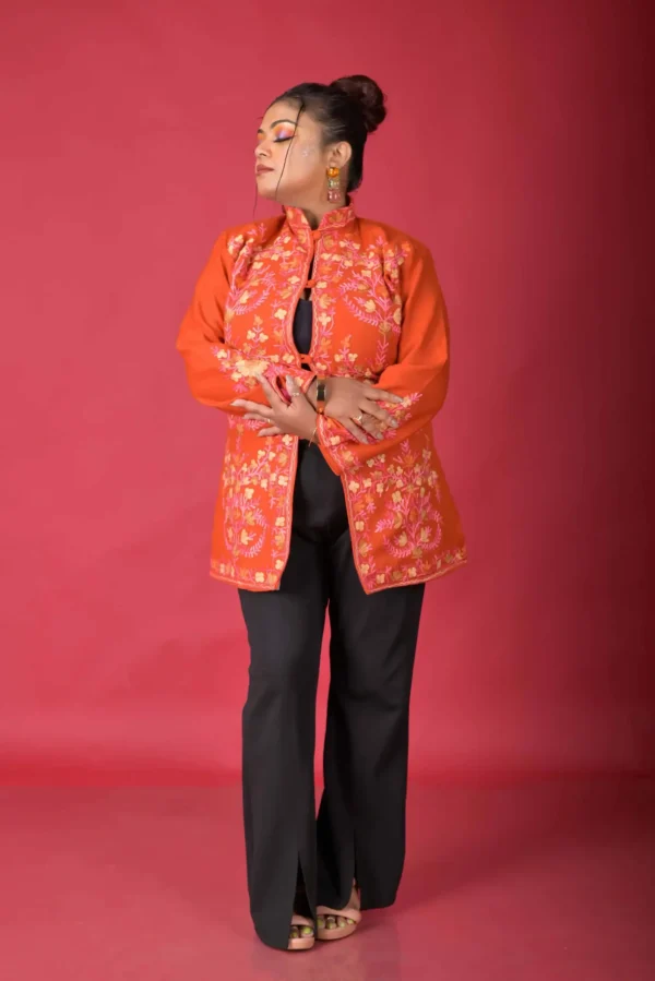Maroon Charm Short Silk Jacket with Floral Embroidery