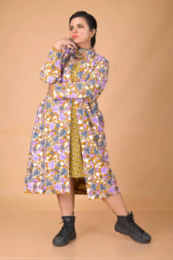 Golden Harmony Long Silk Jacket with Floral Embroidery