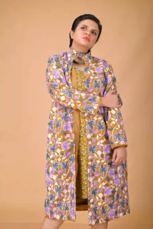 Golden Harmony Long Silk Jacket with Floral Embroidery
