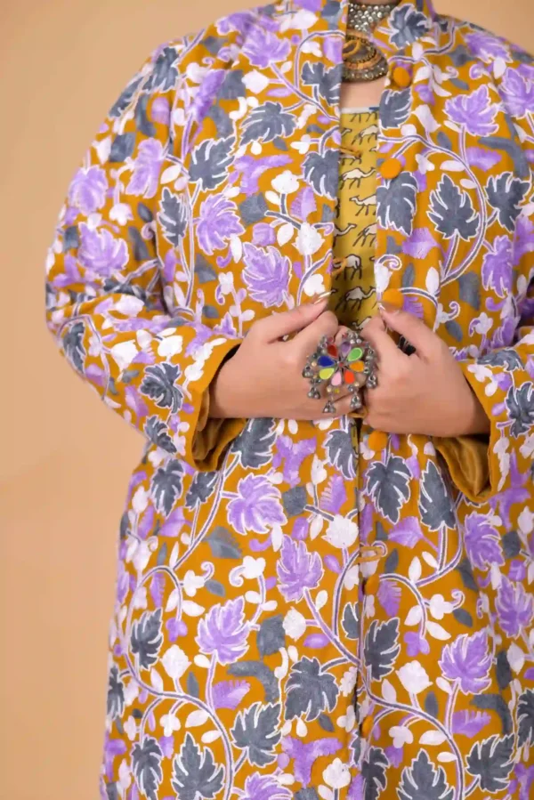 Golden Harmony Long Silk Jacket with Floral Embroidery