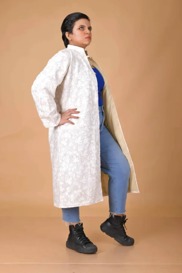 Ivory Grace Long Silk Jacket with Floral Embroidery