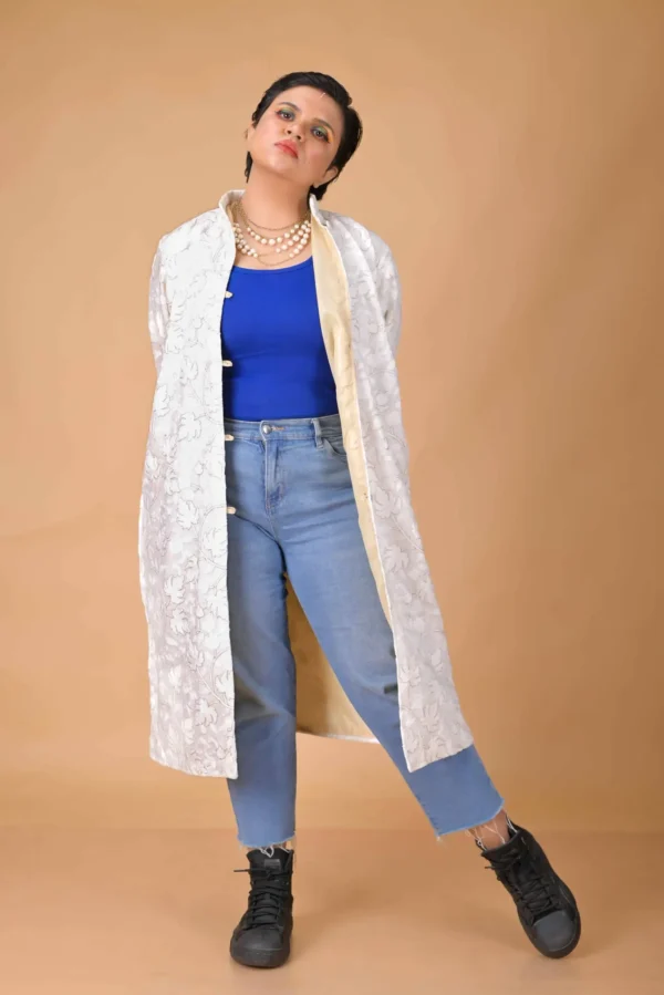 Ivory Grace Long Silk Jacket with Floral Embroidery
