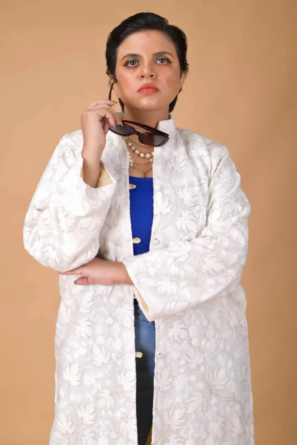 Ivory Grace Long Silk Jacket with Floral Embroidery