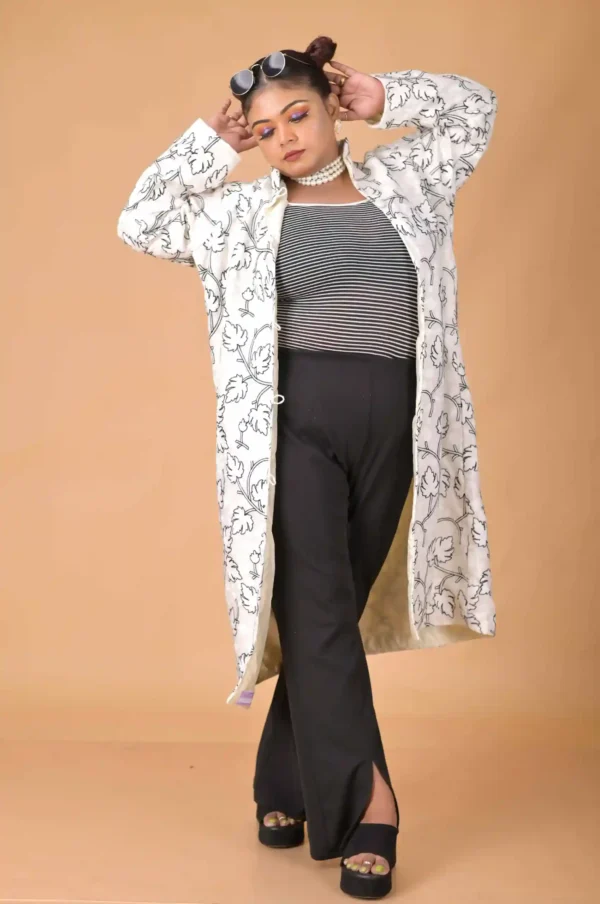 Ethereal Opulence Long Silk Jacket with Black Floral Embroidery