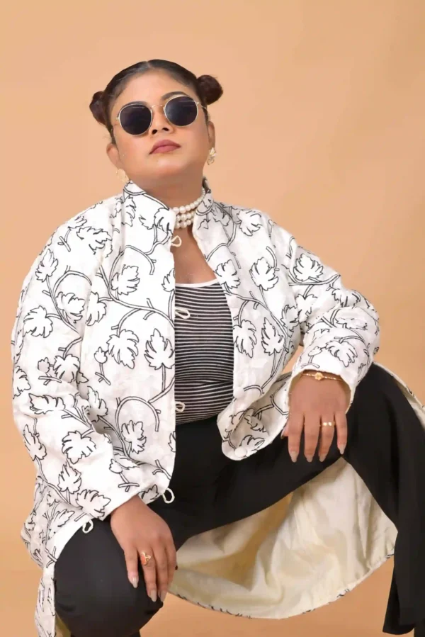 Ethereal Opulence Long Silk Jacket with Black Floral Embroidery