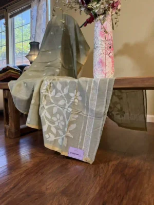 Pesta Green Cotton Jamdani Saree – Handloom Floral Elegance in Pastel Hues