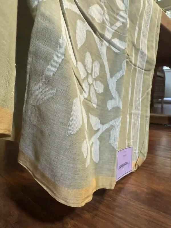Pesta Green on White Floral work on Cotton Jamdani Saree