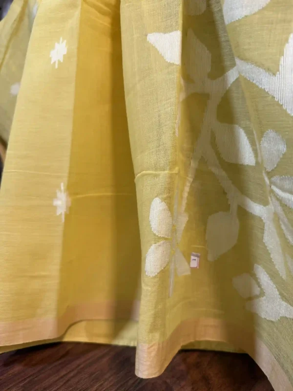 Yellow on White Floral work and Butta on Cotton Jamdani Saree
