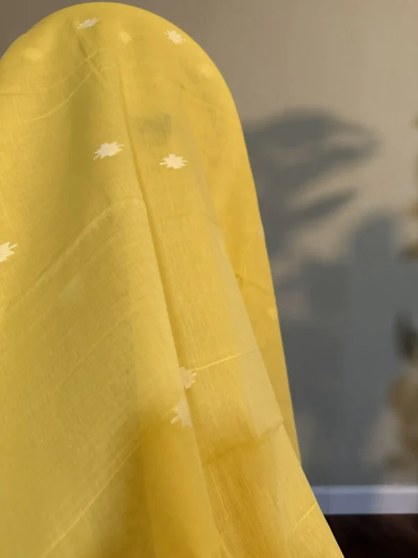 Yellow on White Floral work and Butta on Cotton Jamdani Saree